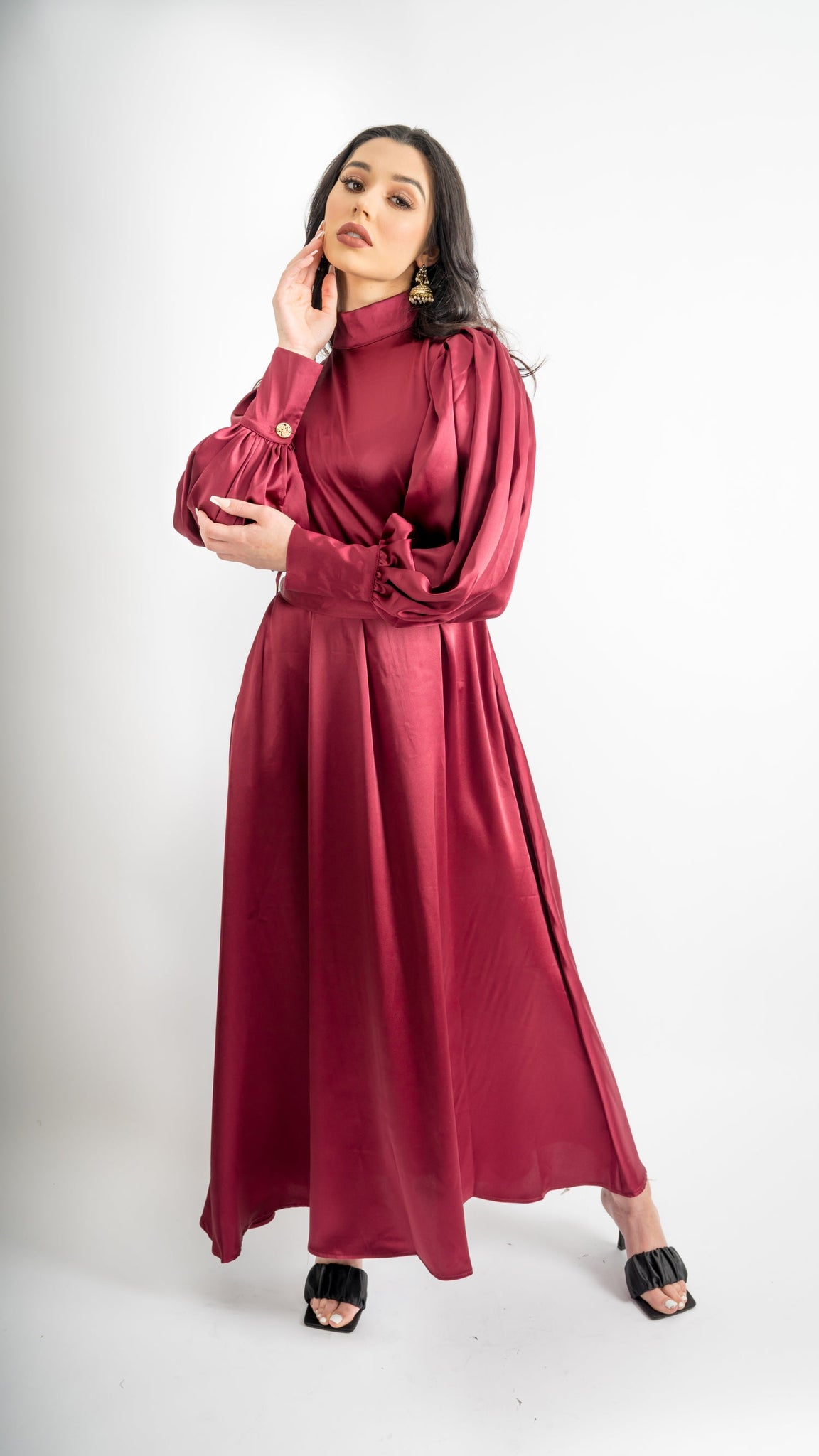 Ruby Red Cuff Sleeve Satin Dress
