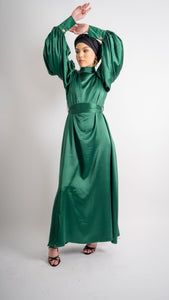 Emerald Cuff Sleeve Satin Dress