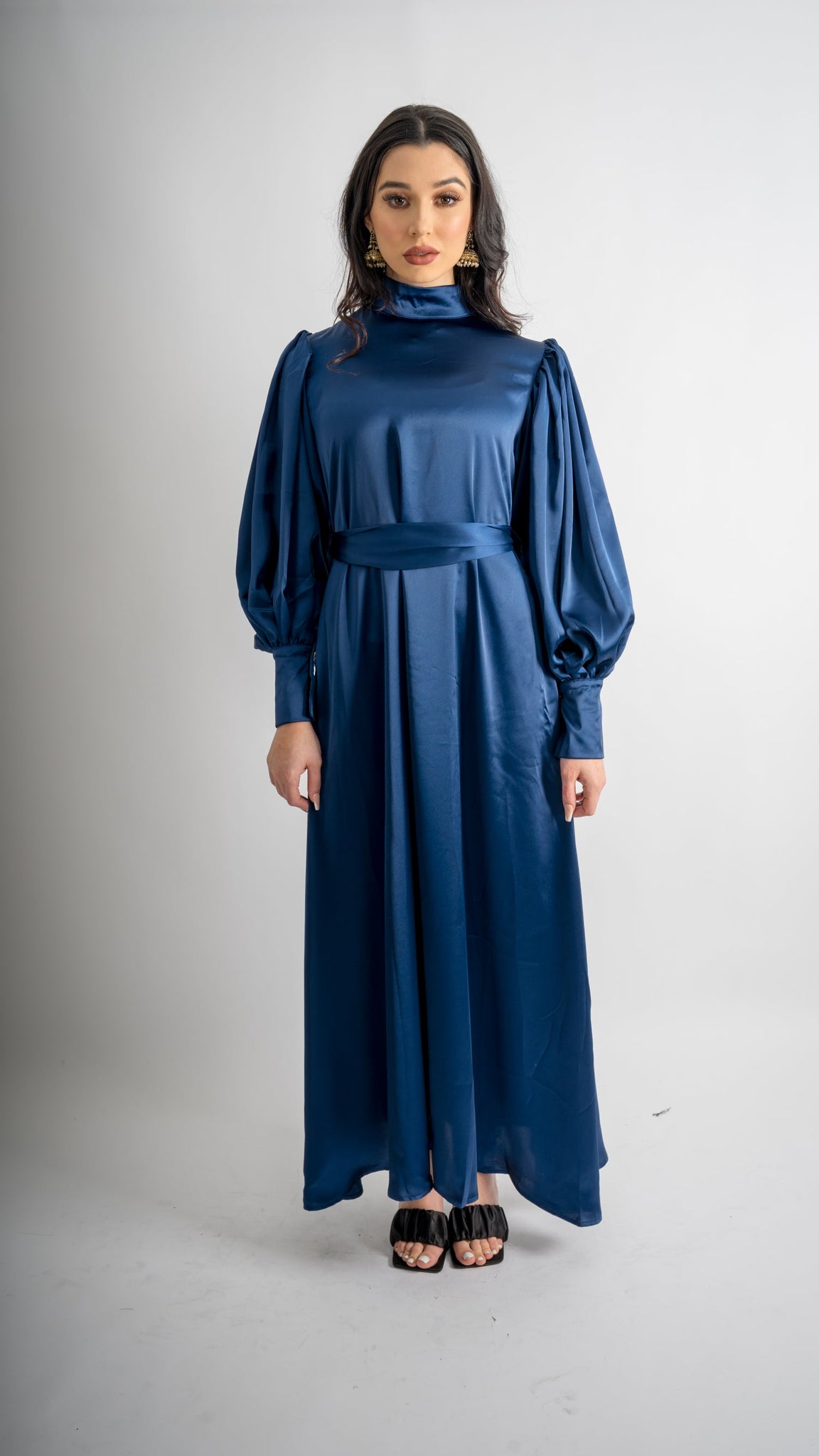 Midnight Blue Cuff Sleeve Satin Dress valoirofficial Midnight Blue Cuff Sleeve Satin Dress valoirofficial