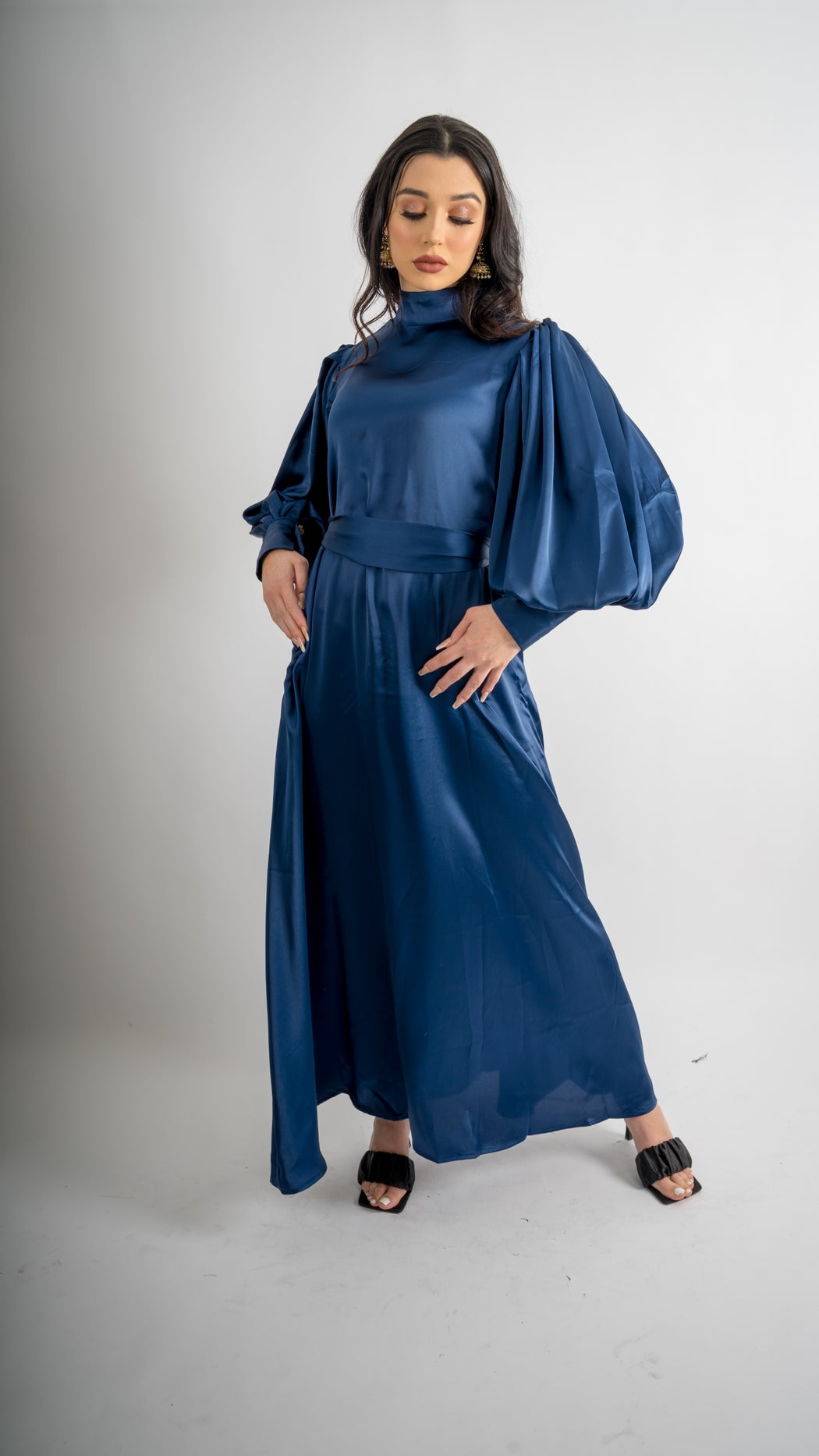 Midnight Blue Cuff Sleeve Satin Dress valoirofficial Midnight Blue Cuff Sleeve Satin Dress valoirofficial