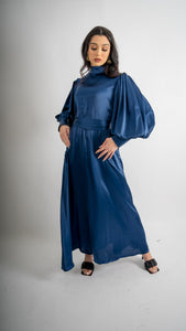 Midnight Blue Cuff Sleeve Satin Dress