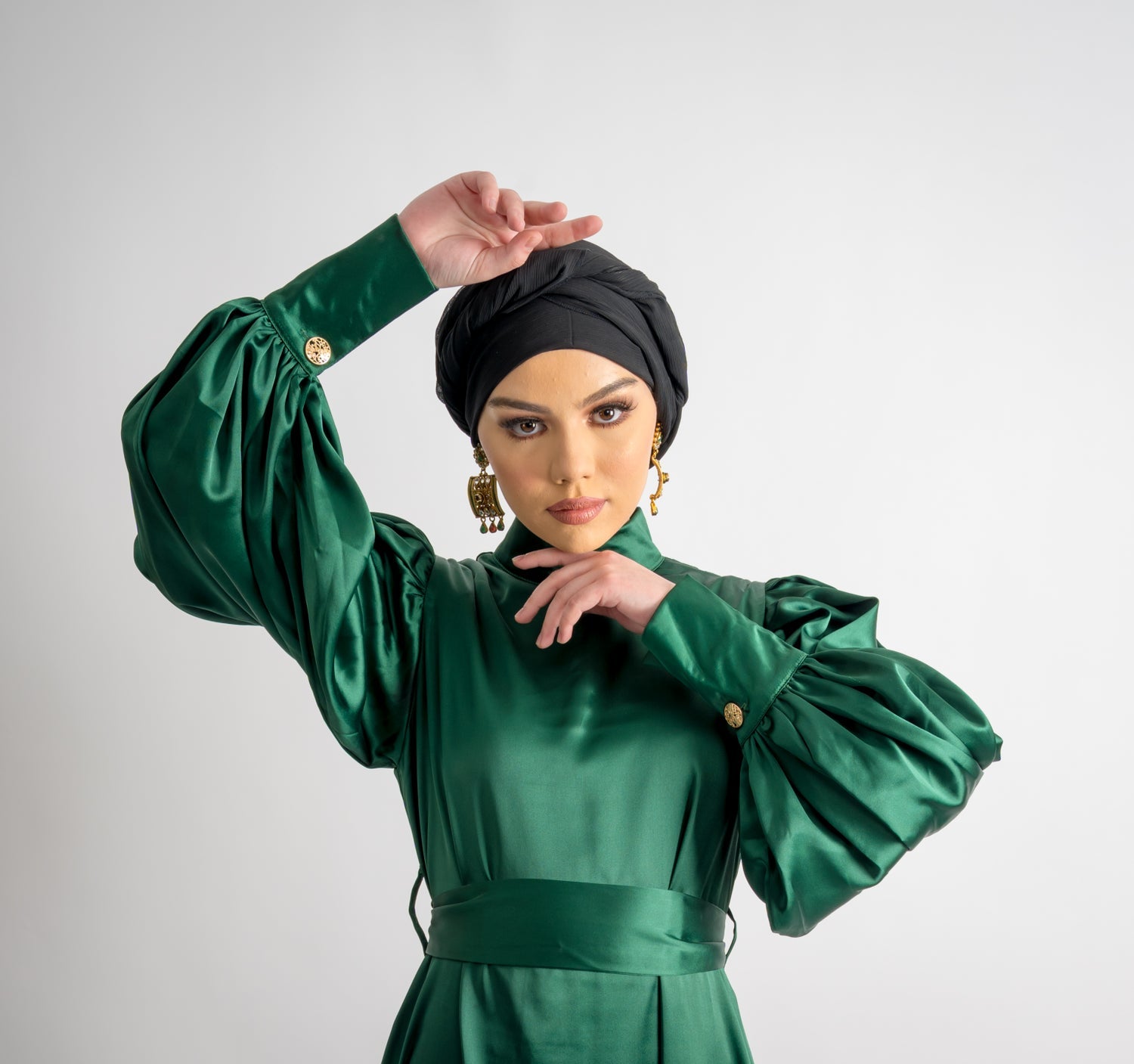 Emerald Cuff Sleeve Satin Dress
